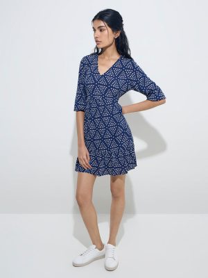 Bombay Paisley Navy Bandhani Printed Cotton A-Line Dress