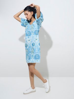Bombay Paisley Light Blue Print Cotton-Blend Straight Dress