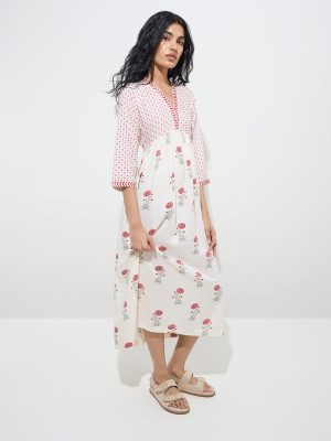 Bombay Paisley White Floral Design Empire-Line Dress