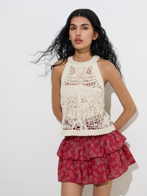 Bombay Paisley Beige Crochet-Detailed Top