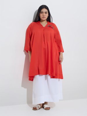 Diza Red Floral Embellished A-Line Kurta