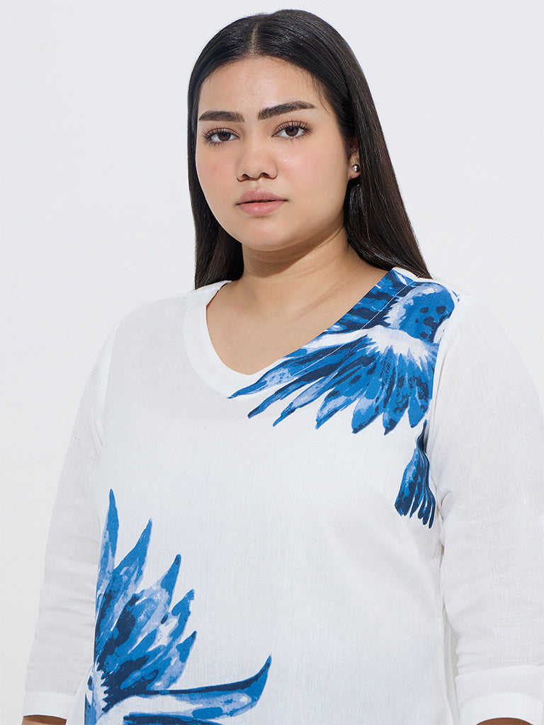 Diza White Floral Design A-Line Cotton-Blend Kurta - Image 2