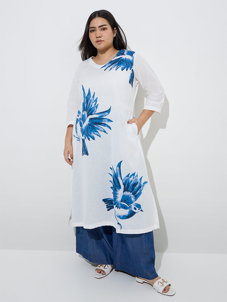 Diza White Floral Design A-Line Cotton-Blend Kurta - Image 3