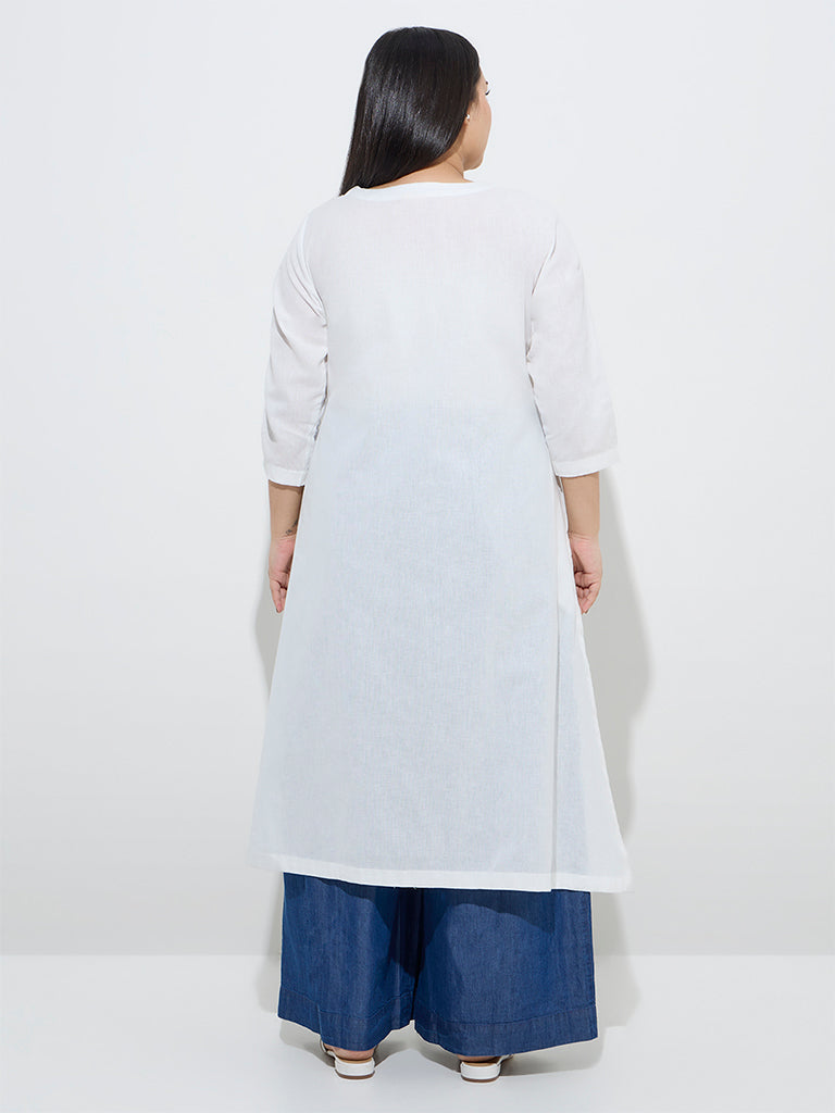 Diza White Floral Design A-Line Cotton-Blend Kurta - Image 4