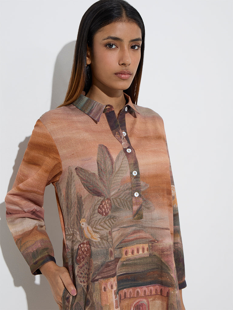 Utsa Brown Scenic Design A-Line Cotton-Blend Kurta - Image 2