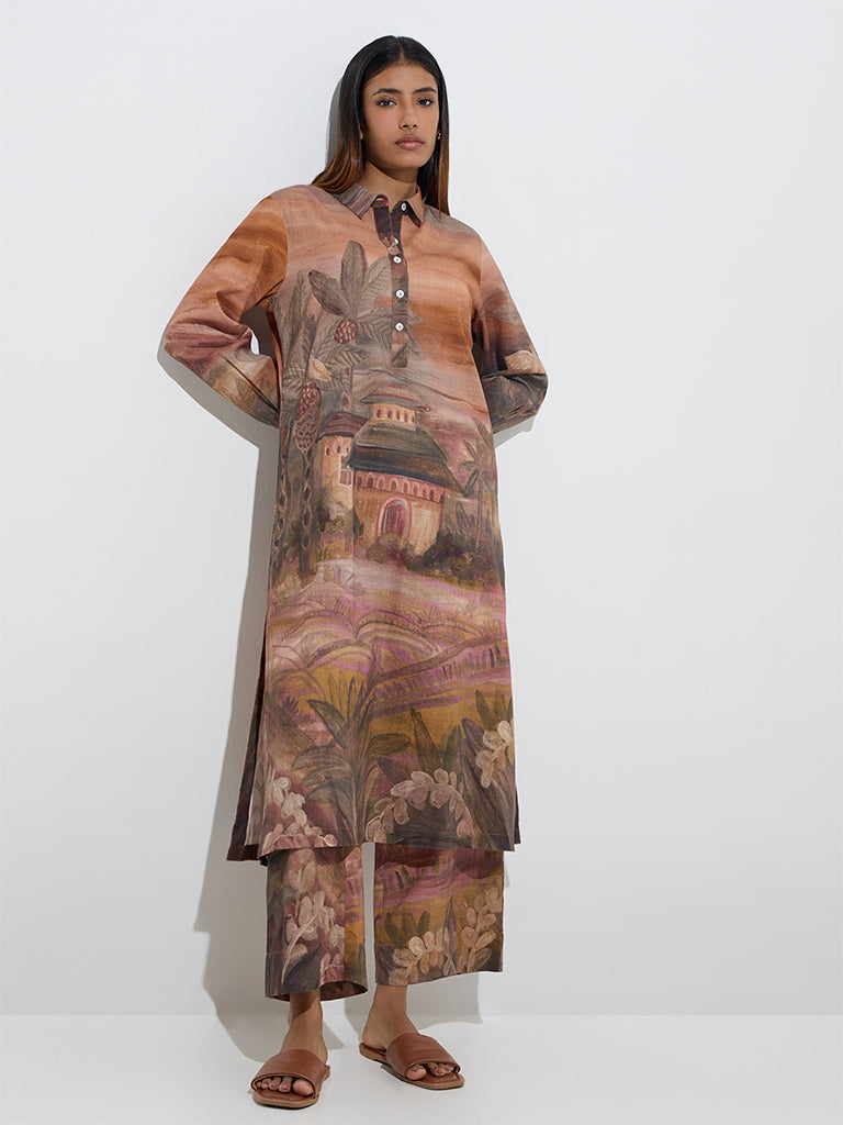 Utsa Brown Scenic Design A-Line Cotton-Blend Kurta - Image 3