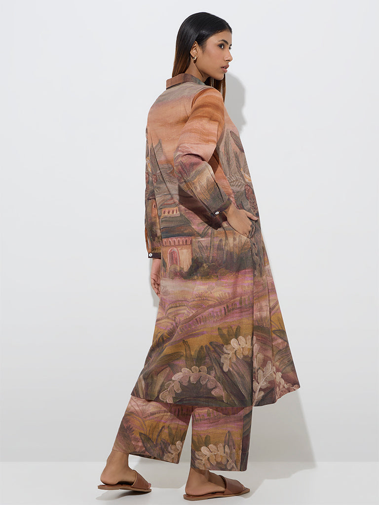 Utsa Brown Scenic Design A-Line Cotton-Blend Kurta - Image 4