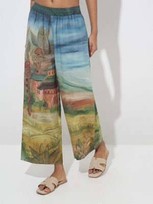 Utsa Multicolour Scenic Printed Cotton-Blend Palazzos