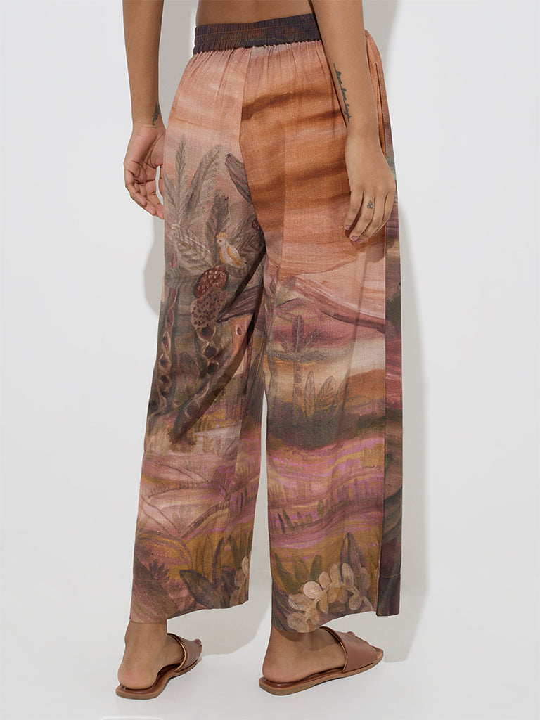 Utsa Brown Scenic Printed Cotton-Blend Palazzos - Image 2