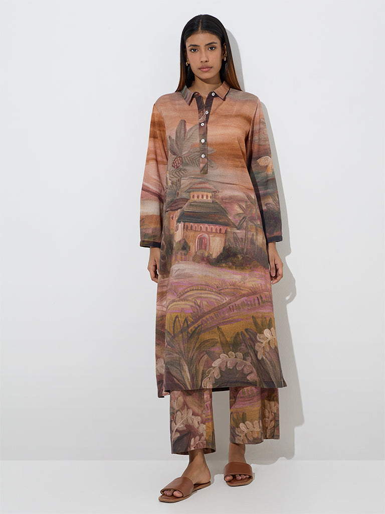 Utsa Brown Scenic Printed Cotton-Blend Palazzos - Image 3