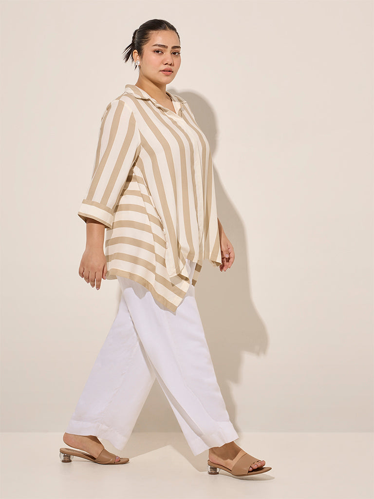 Gia Beige Stripe Printed Asymmetrical Shirt - Image 4
