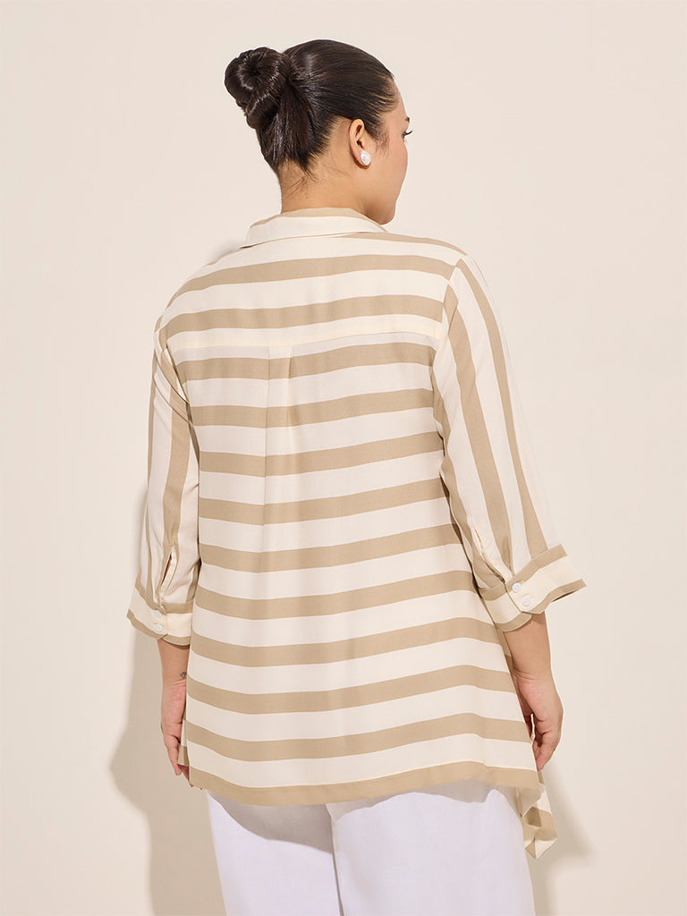Gia Beige Stripe Printed Asymmetrical Shirt - Image 5