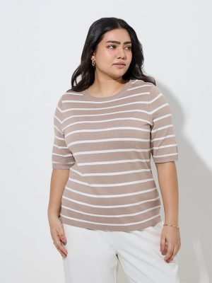 Gia Beige Stripe Printed T-Shirt