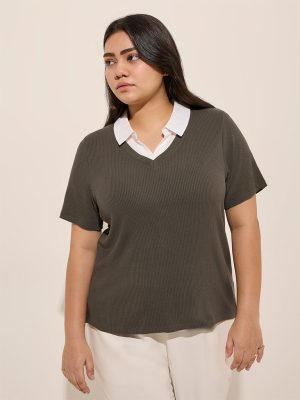 Gia Olive Ribbed Textured T-Shirt