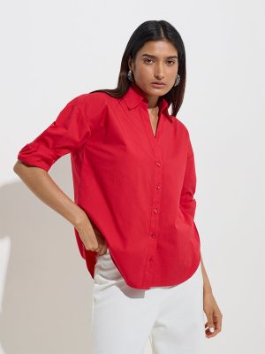 Wardrobe Red Solid Cotton Shirt