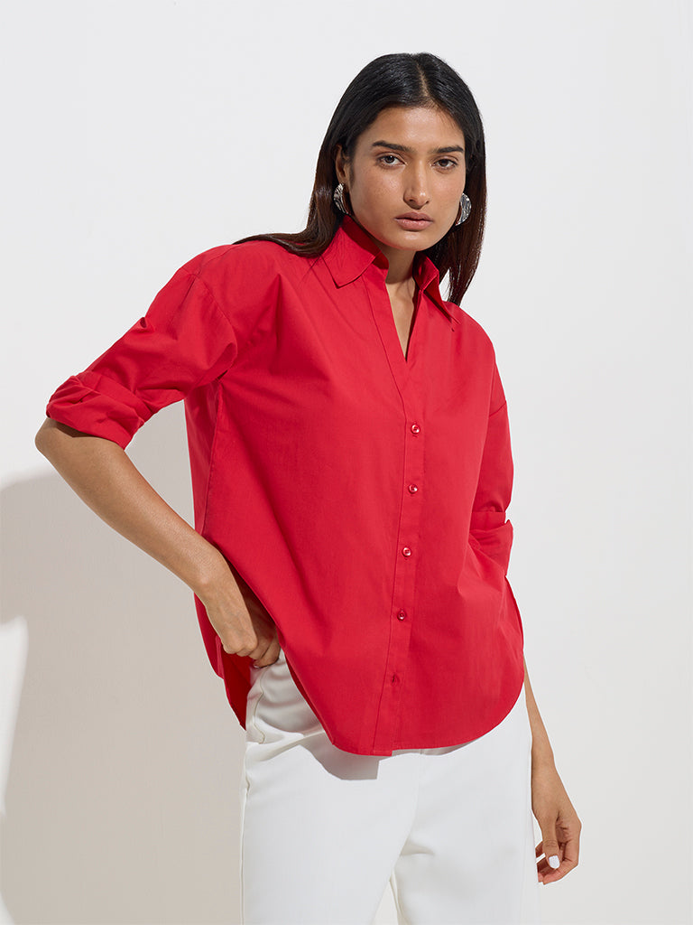 Wardrobe Red Solid Cotton Shirt