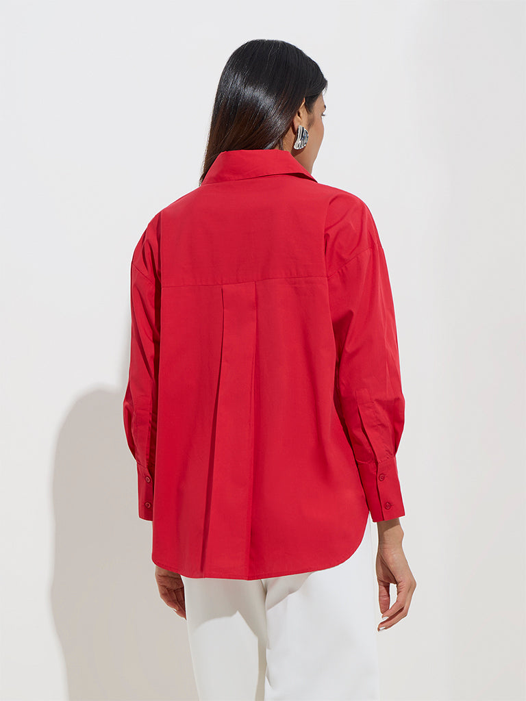 Wardrobe Red Solid Cotton Shirt - Image 4