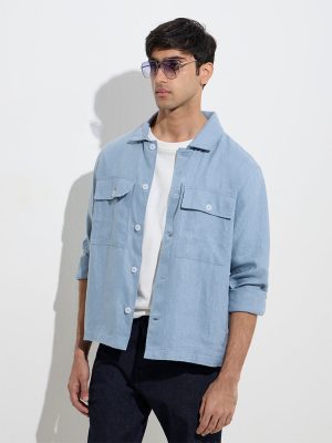 Ascot Dusty Blue Solid Relaxed-Fit Linen Jacket
