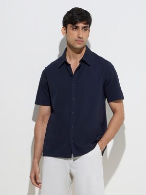 Ascot Navy Solid Relaxed-Fit Shirt