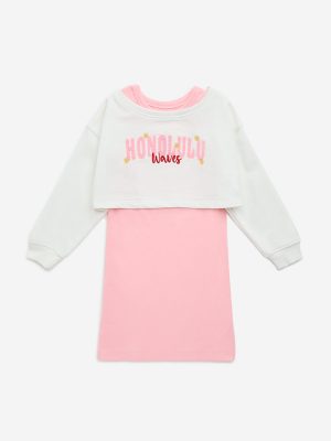 HOP Kids Pink Text Embroidered Cotton Straight Dress