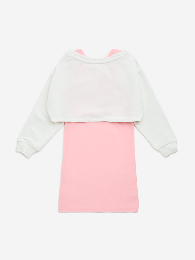 HOP Kids Pink Text Embroidered Cotton Straight Dress - Image 2