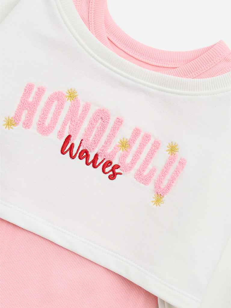 HOP Kids Pink Text Embroidered Cotton Straight Dress - Image 3