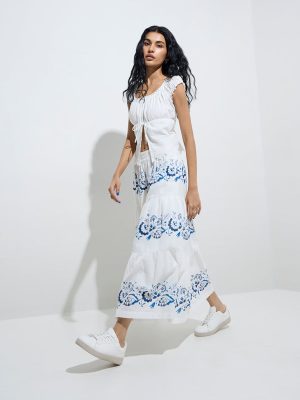Bombay Paisley White Botanical Design Cotton Tiered Skirt
