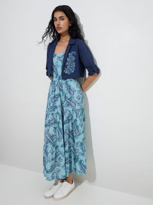 Bombay Paisley Blue Paisley Print A-Line Dress with Jacket