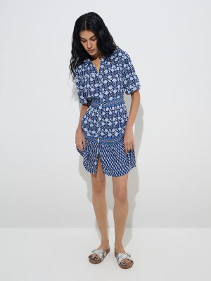 Bombay Paisley Indigo Floral Patterned Shirt Dress