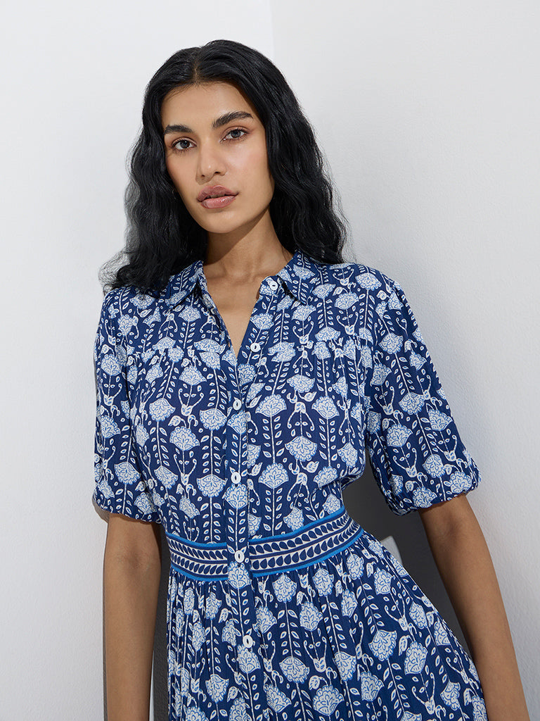 Bombay Paisley Indigo Floral Patterned Shirt Dress - Image 2
