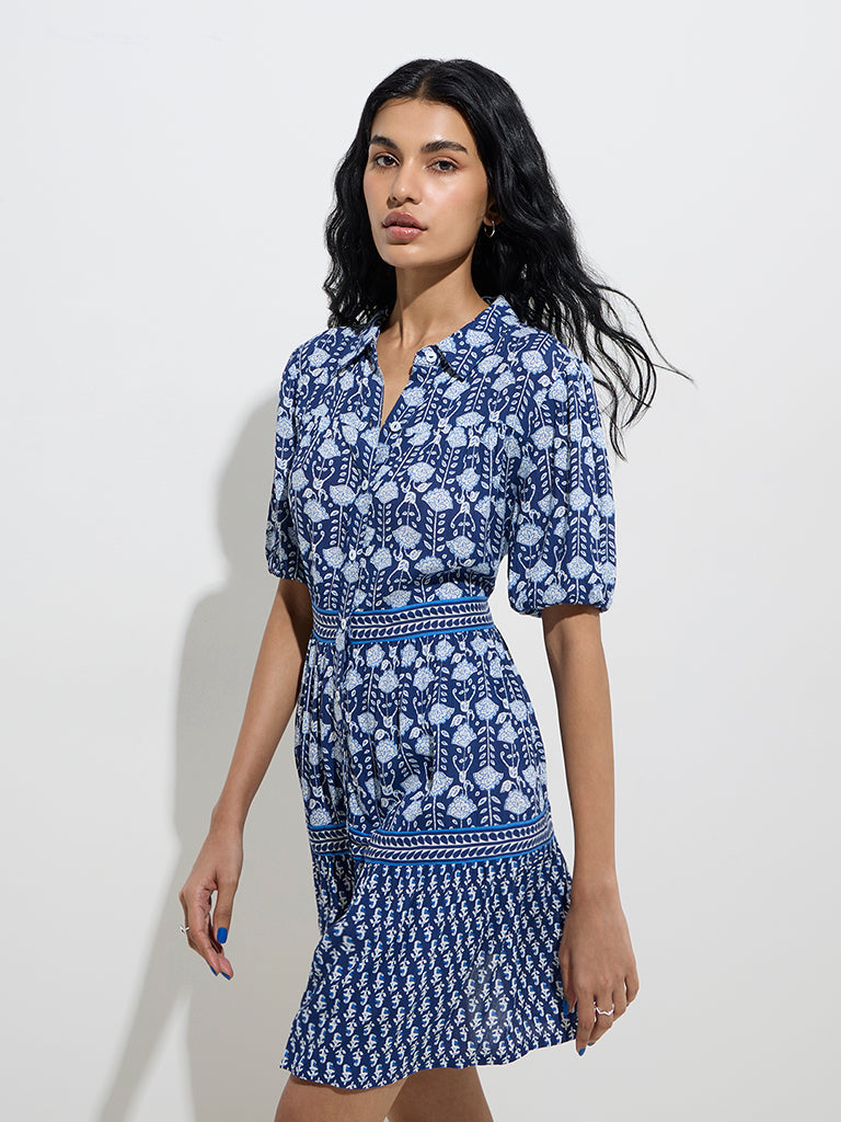 Bombay Paisley Indigo Floral Patterned Shirt Dress - Image 3