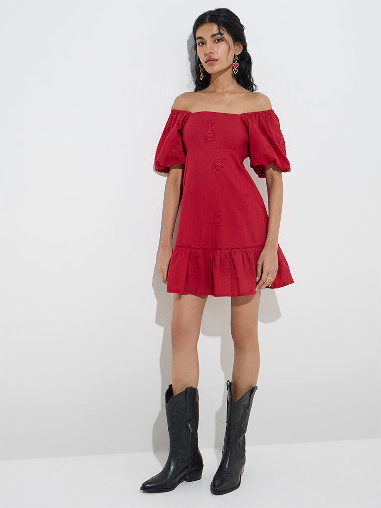 Bombay Paisley Red Embroidered Cotton A-Line Dress - Image 2