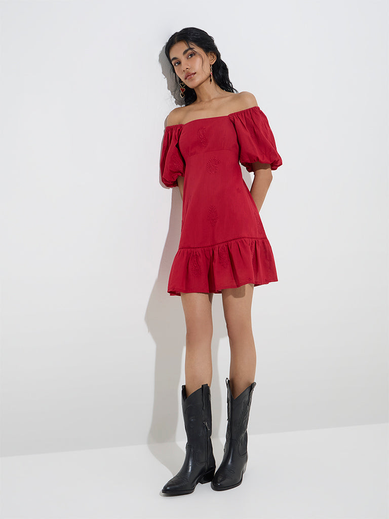 Bombay Paisley Red Embroidered Cotton A-Line Dress - Image 3