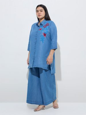 Diza Blue Embroidered High-Low Denim Kurta