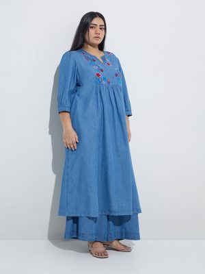Diza Blue Floral Embroidered Denim A-Line Kurta