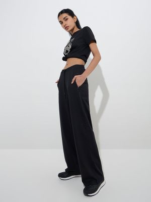 Studiofit Black High-Rise Cotton Track Pants