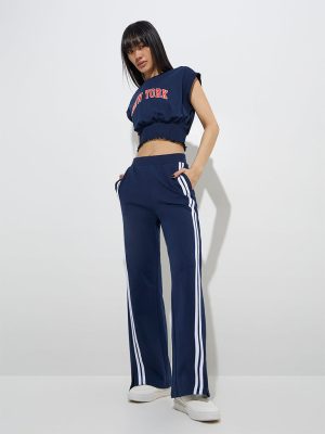 Studiofit Navy Striped High-Rise Cotton-Blend Track Pants