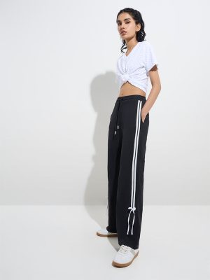 Studiofit Black Stripe Detailed High-Rise Cotton Track Pants