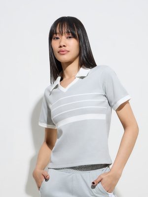 Studiofit Grey Ribbed-Striped Cotton-Blend T-Shirt