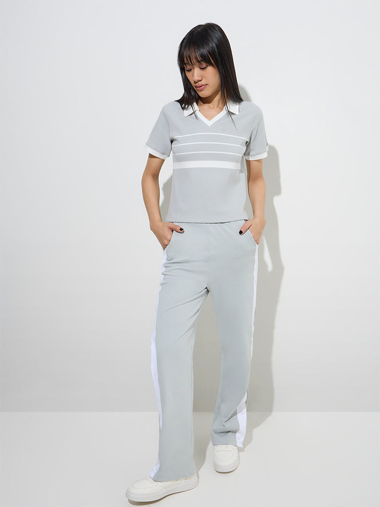 Studiofit Grey Ribbed-Striped Cotton-Blend T-Shirt - Image 3