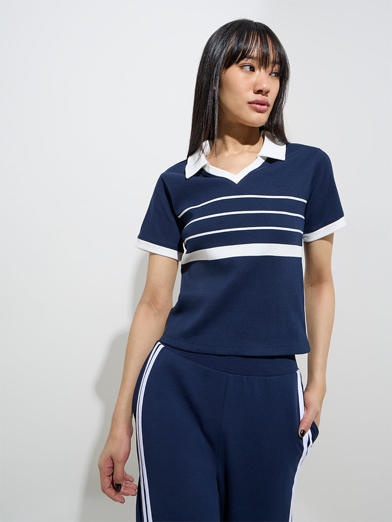 Studiofit Navy Striped Cotton-Blend T-Shirt - Image 2