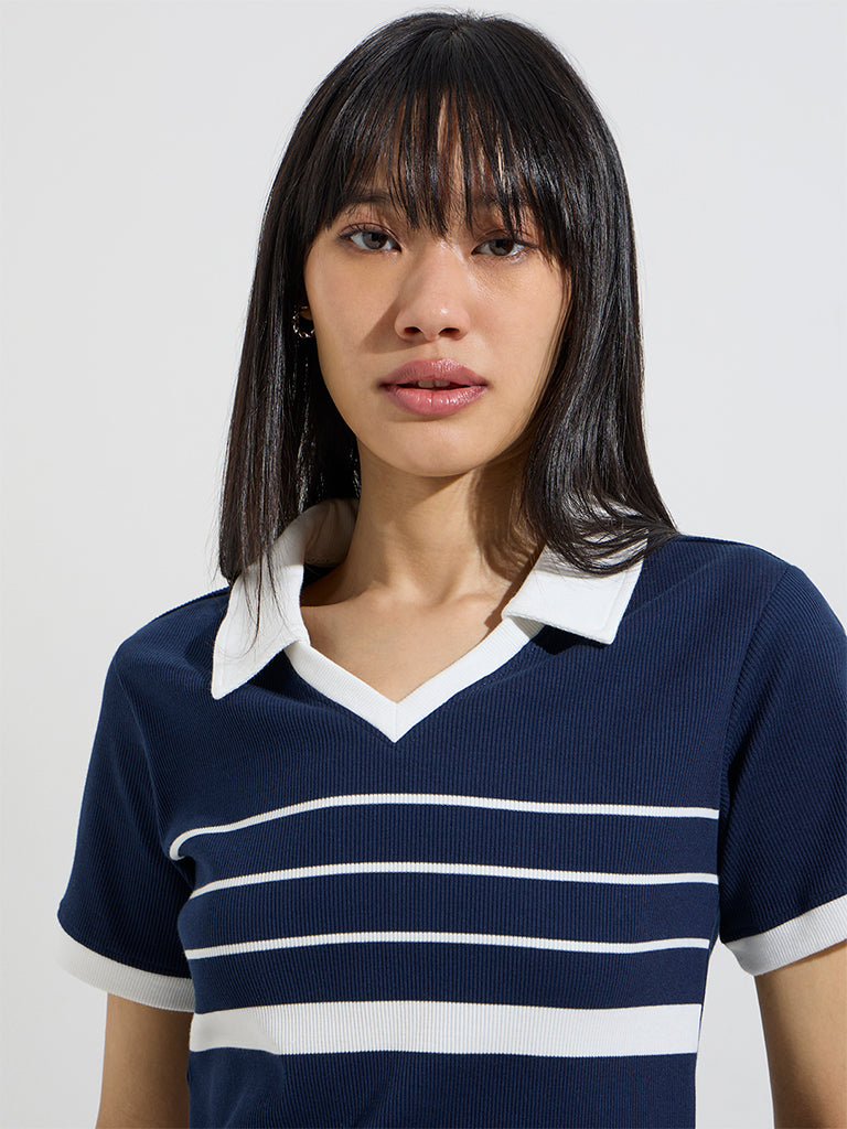 Studiofit Navy Striped Cotton-Blend T-Shirt