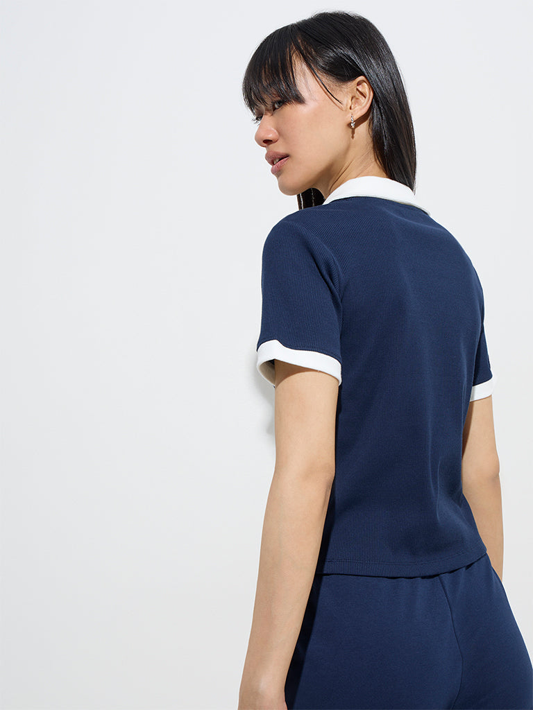 Studiofit Navy Striped Cotton-Blend T-Shirt - Image 4