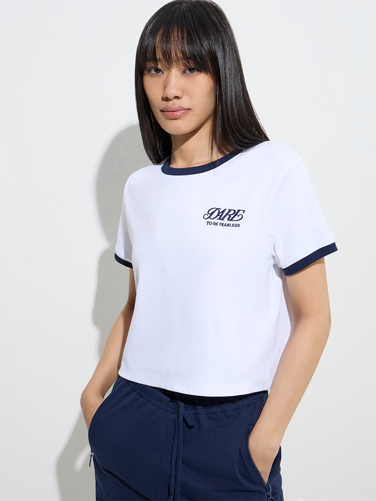 Studiofit White Text Design Cotton-Blend T-Shirt