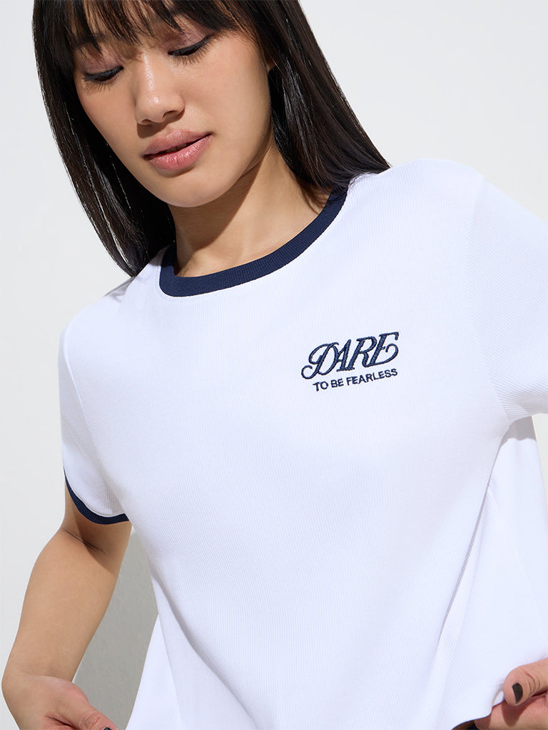 Studiofit White Text Design Cotton-Blend T-Shirt - Image 2