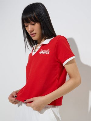 Studiofit Red Text Printed Cotton-Blend T-Shirt