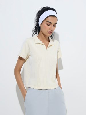 Studiofit Yellow Self-Stripe Printed Polo T-Shirt