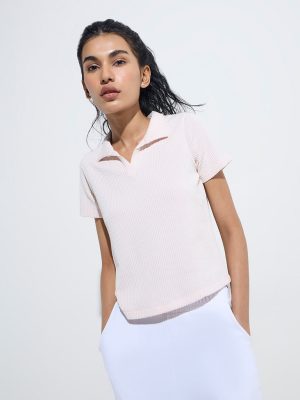 Studiofit Light Pink Self-Striped Polo T-Shirt