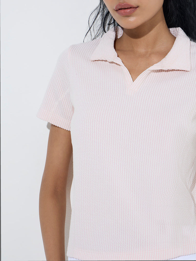 Studiofit Light Pink Self-Striped Polo T-Shirt - Image 2