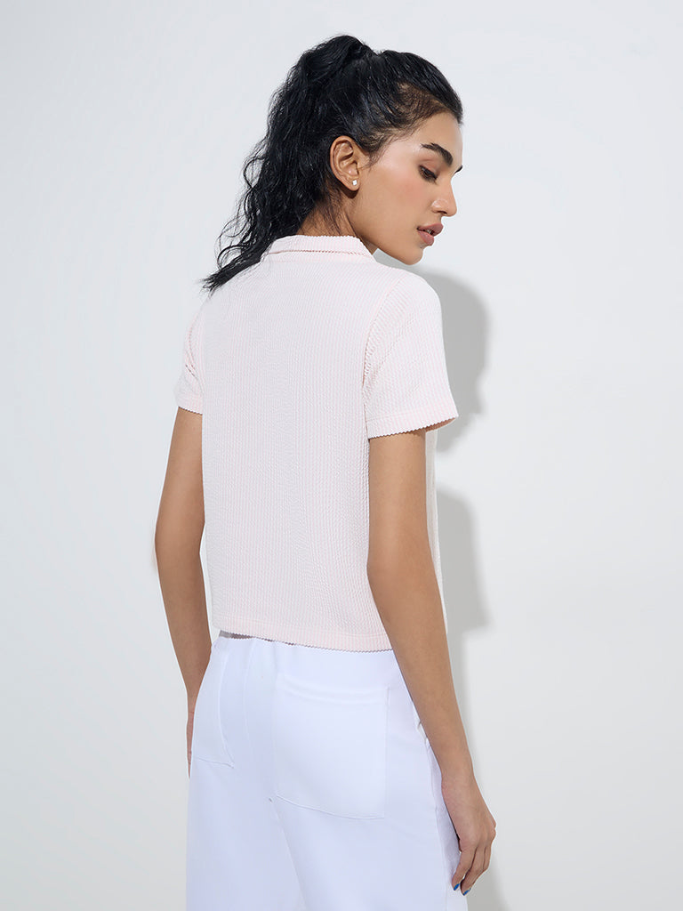 Studiofit Light Pink Self-Striped Polo T-Shirt - Image 4